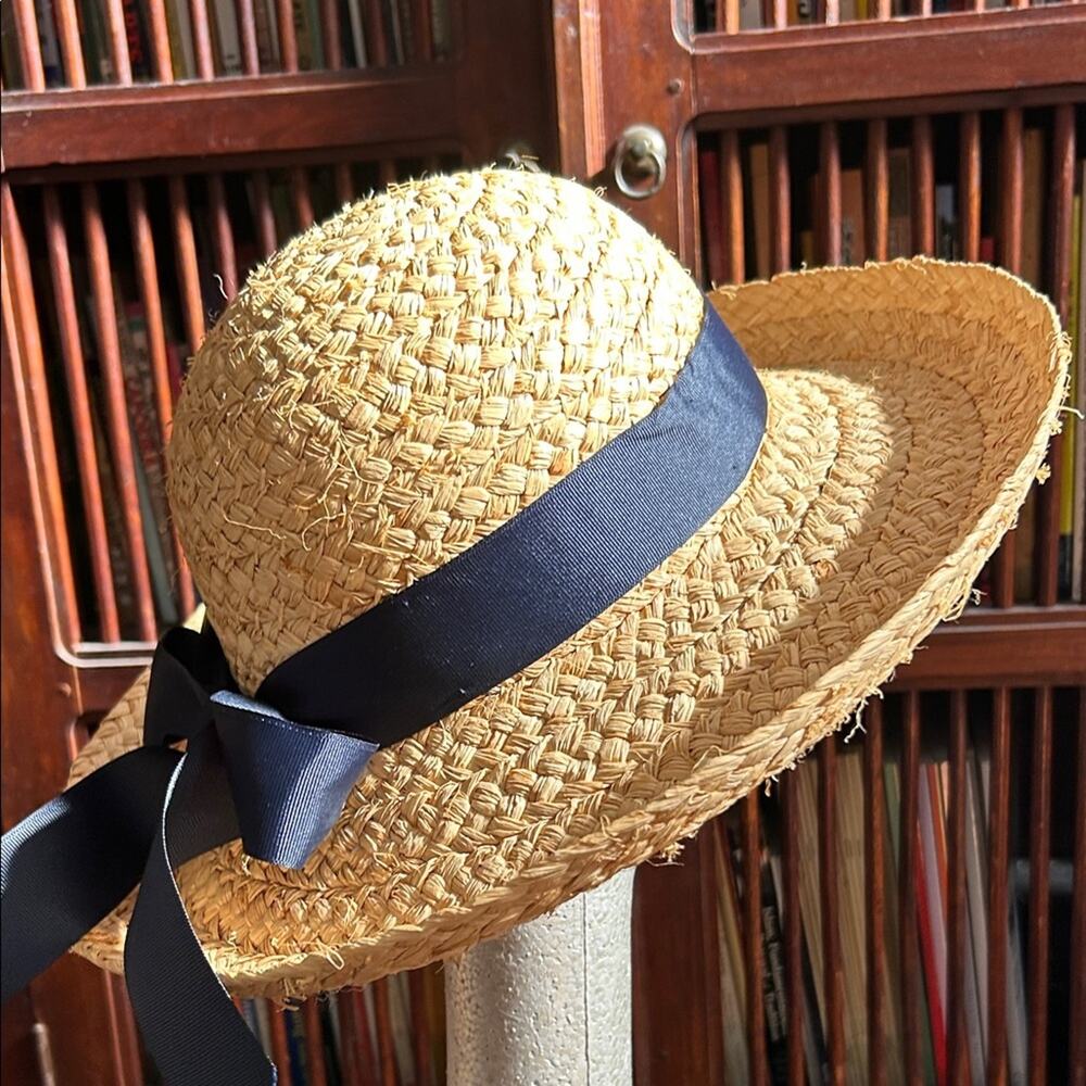 American Hat Company 100% Natural Straw Hat with Navy Ribbon Bow - Picture 3 of 16